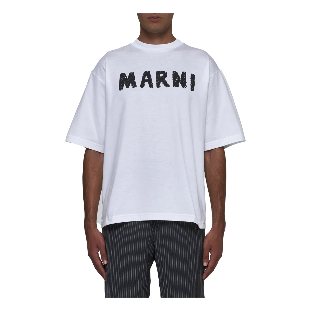 Marni Wit Logo Print Crew Neck T-shirt White Heren