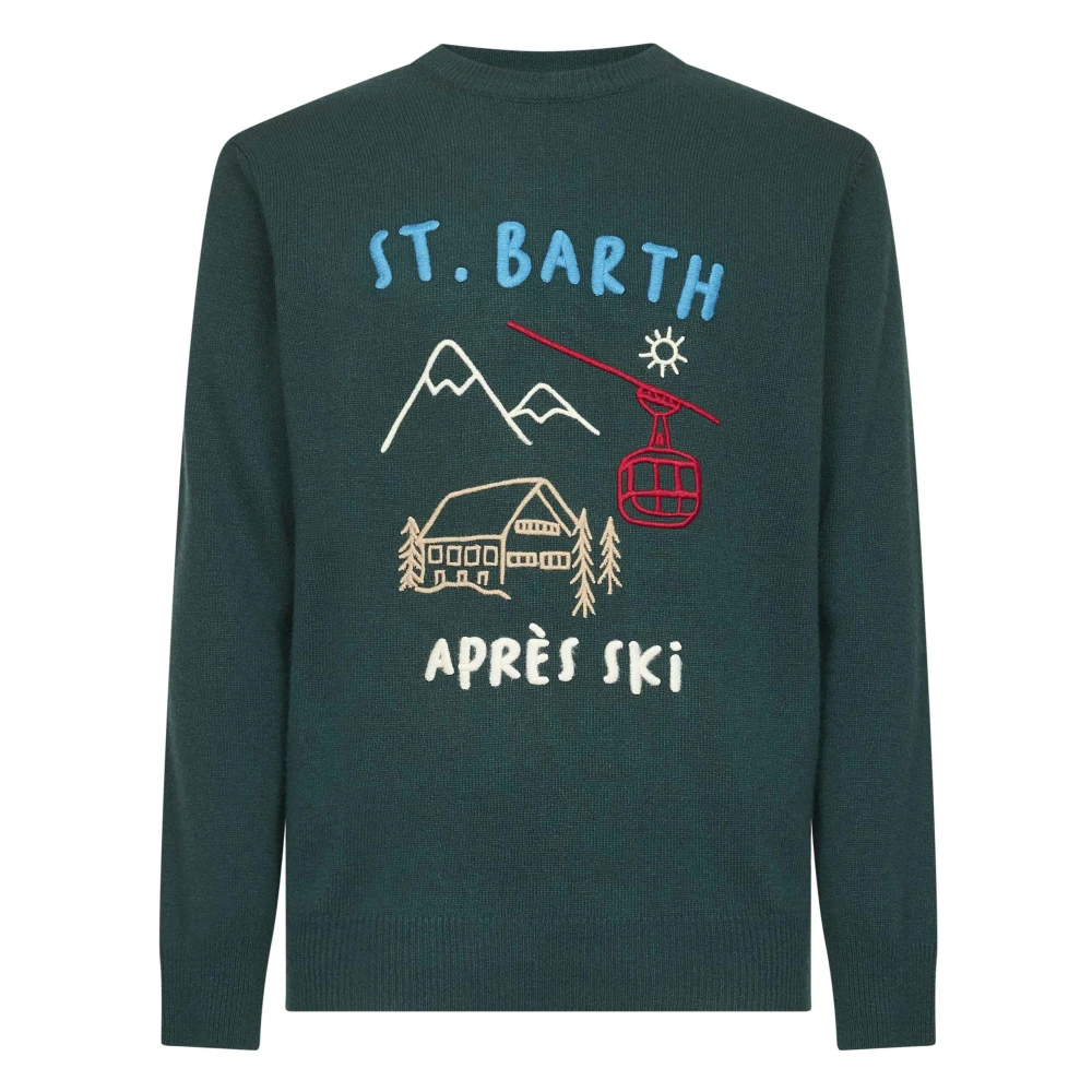 Mc2 Saint Barth Green Round-Neck Knitwear, Male, Xl, Multicolor Artwork Embroidered Jumper