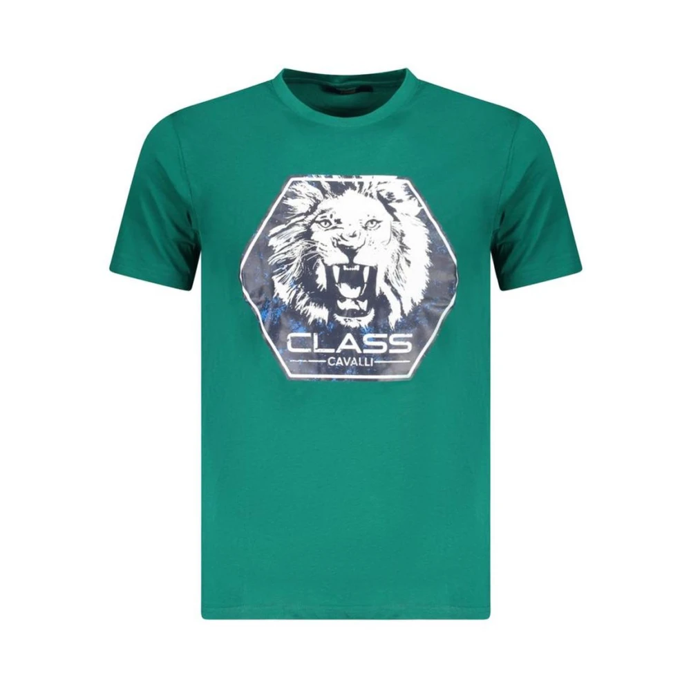 Cavalli Class Men's Green Graphic Tee With Lion Head Print