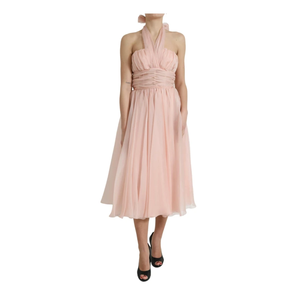 Dolce & Gabbana Women's Pink Pleated Silk Chiffon Halter Midi Dress