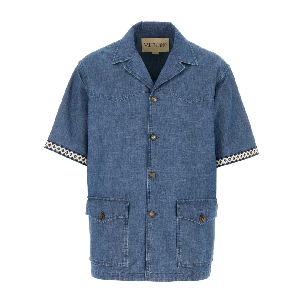 Valentino Garavani Men's Blue Short Sleeve Shirts, L, Denim Shirt
