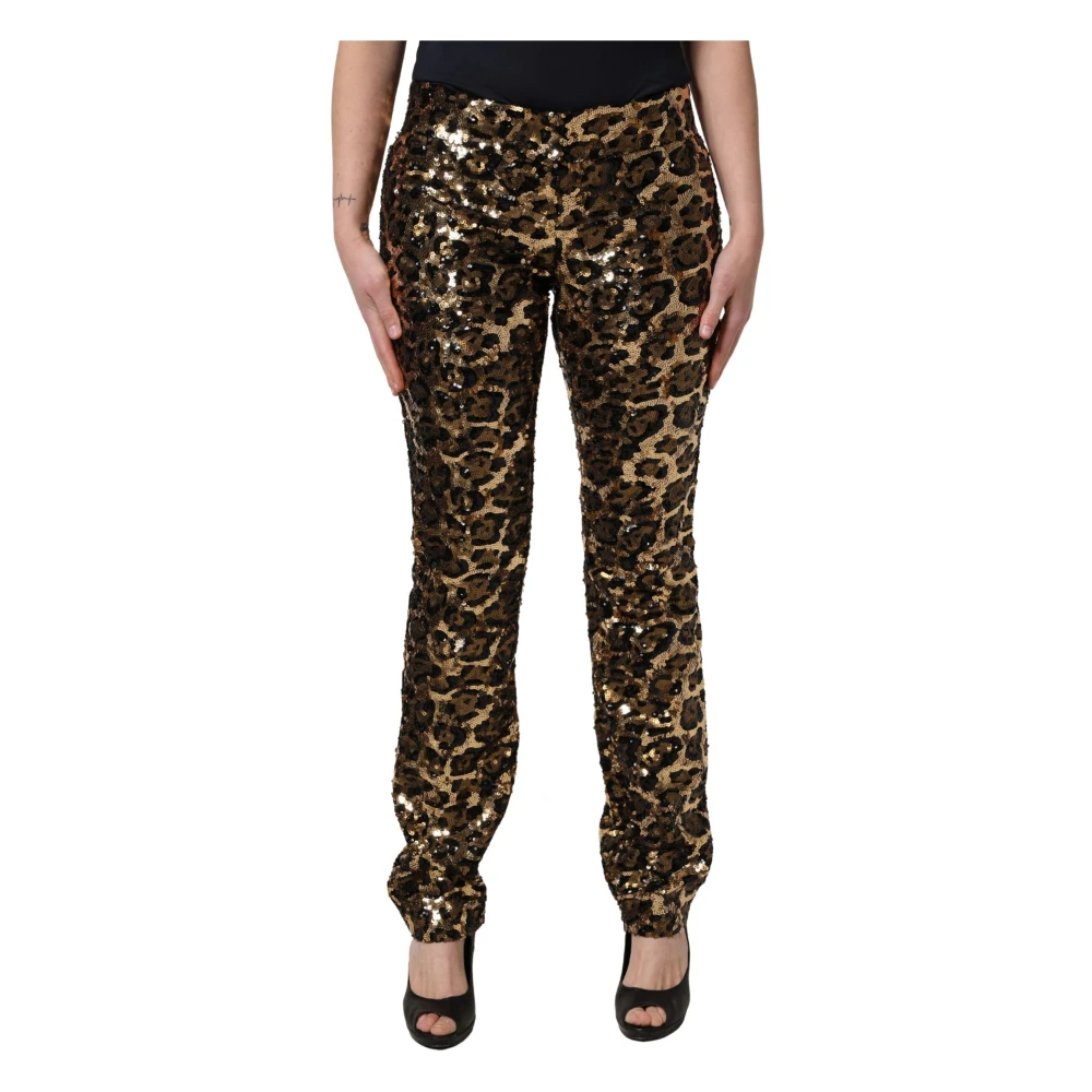 Dolce & Gabbana Women's Yellow Gold Leopard Sequined Straight Trouser Trousers - Slim-Fit Trousers - L - Trousers