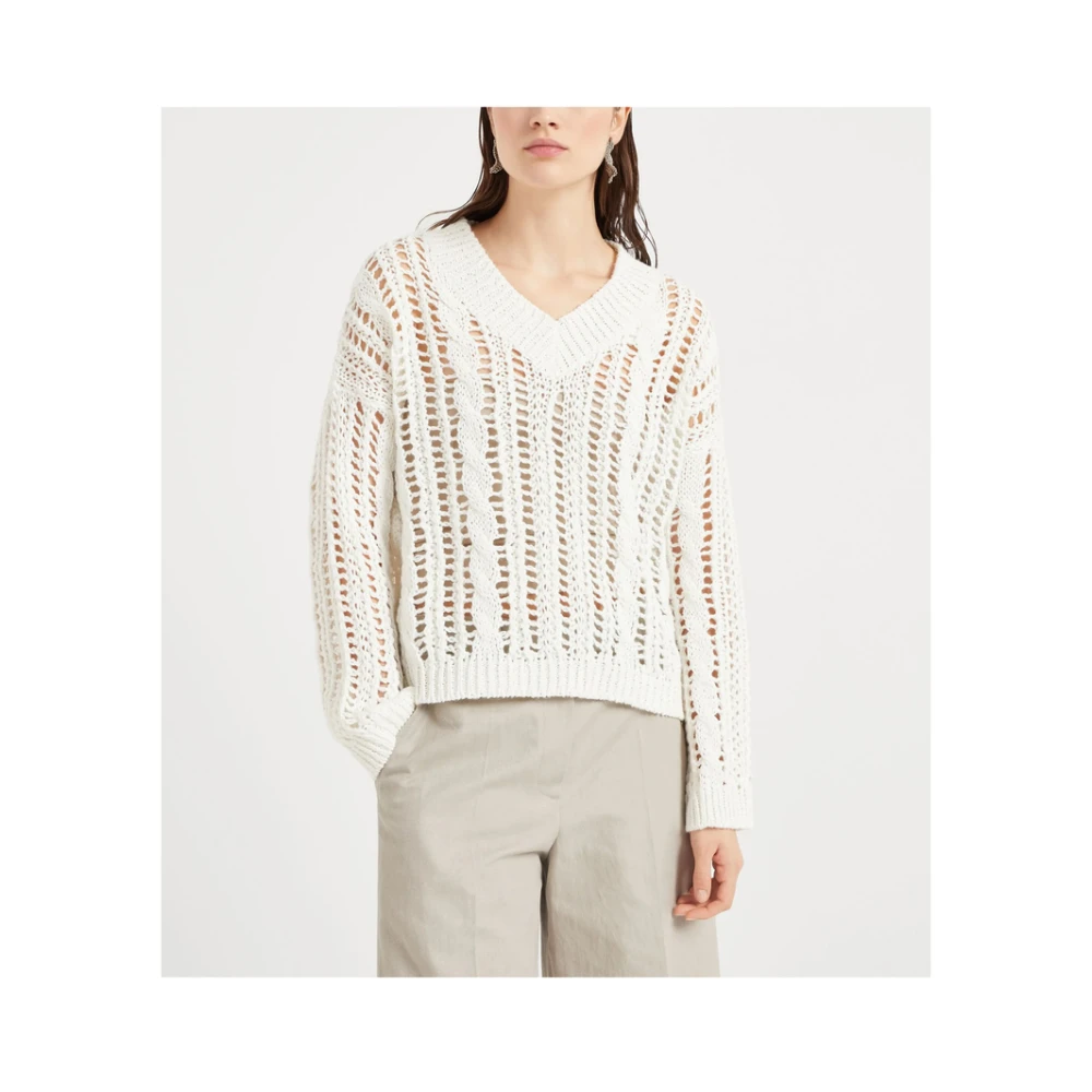 BRUNELLO CUCINELLI Witte Geribbelde V-Hals Trui White Dames