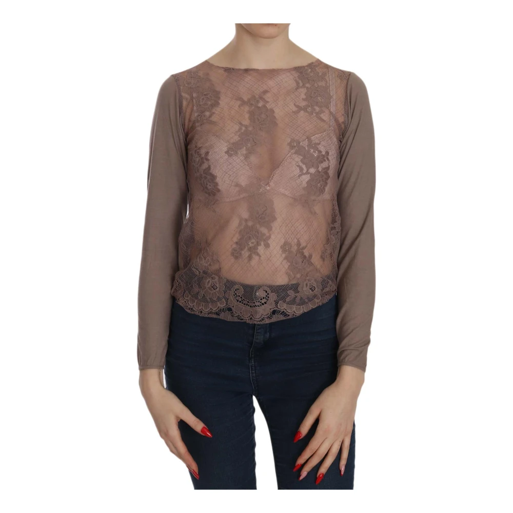 Pink Memories Women's Brown Blouses, Xs, Lace Boat Neck Blouse