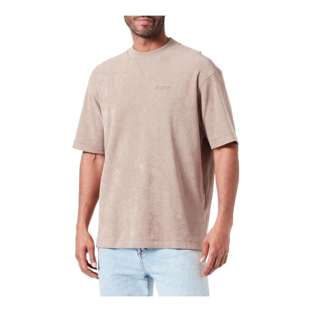 Hugo Boss Korte mouwen heren T-shirt met geborduurd logo Beige Heren