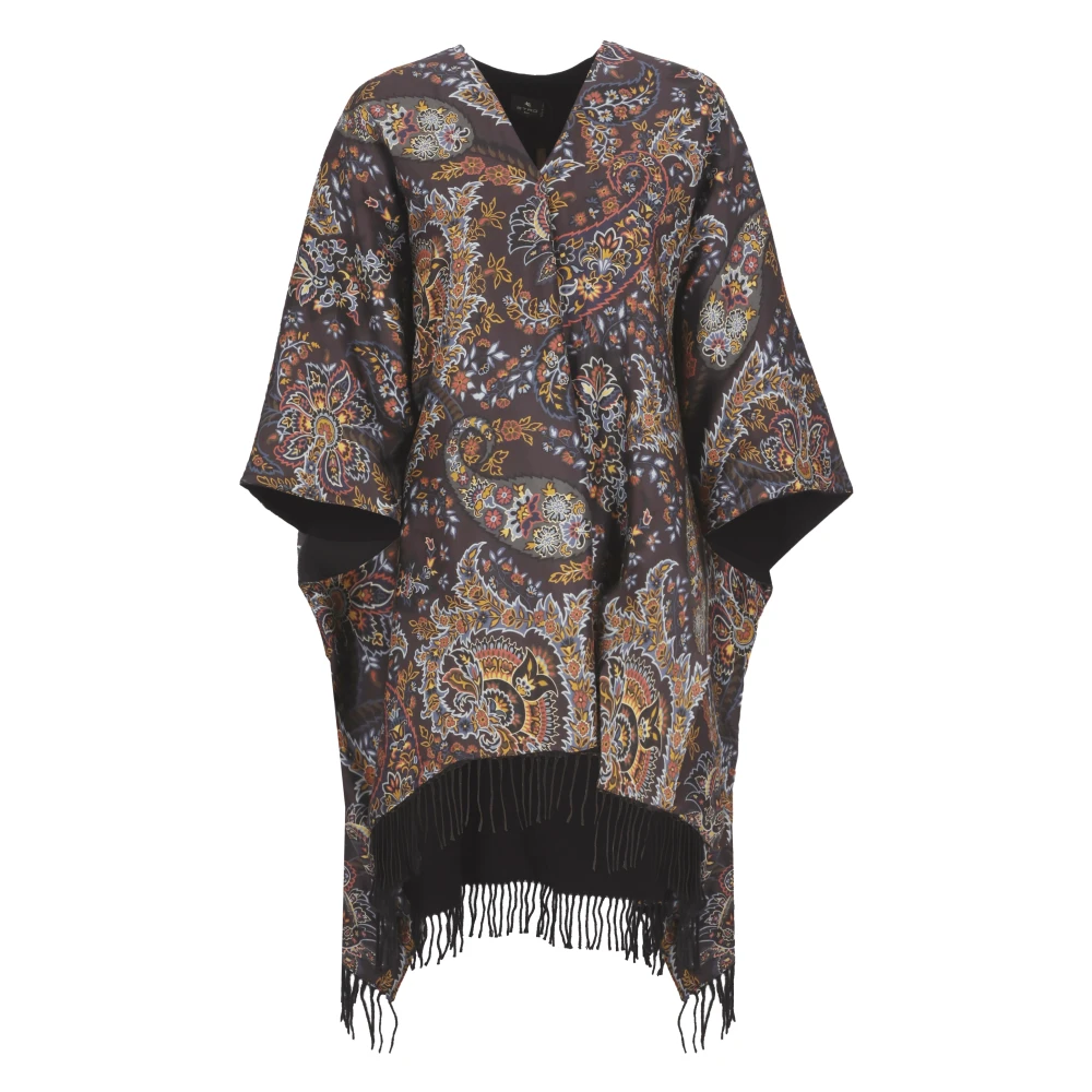ETRO Zwarte Bloemenponcho met Franjes Multicolor Dames
