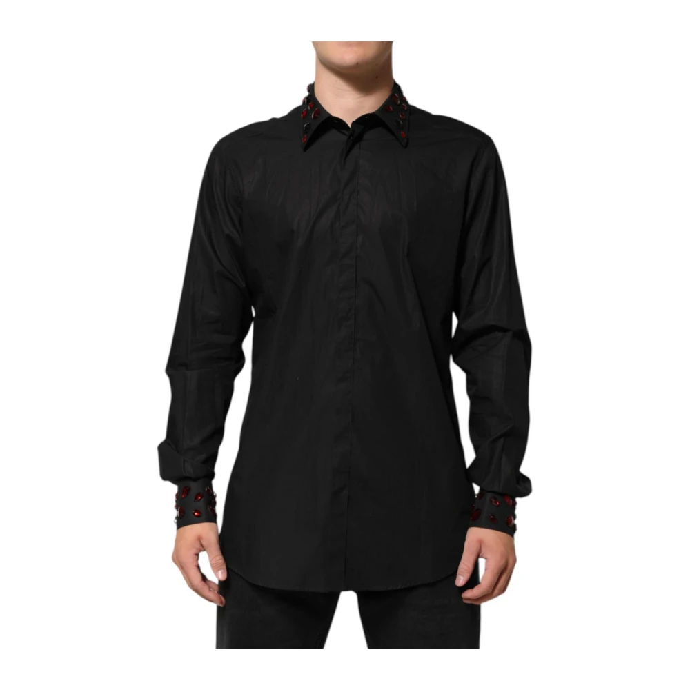 Dolce & Gabbana Men's Black Embellished Collar Cotton Shirt