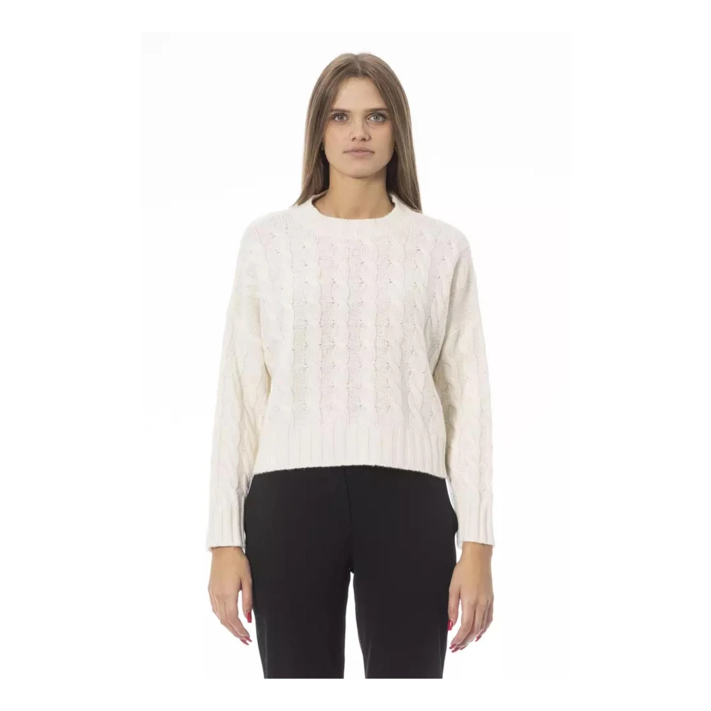 Baldinini Beige wollen trui met ronde hals en monogramdetail Beige Dames