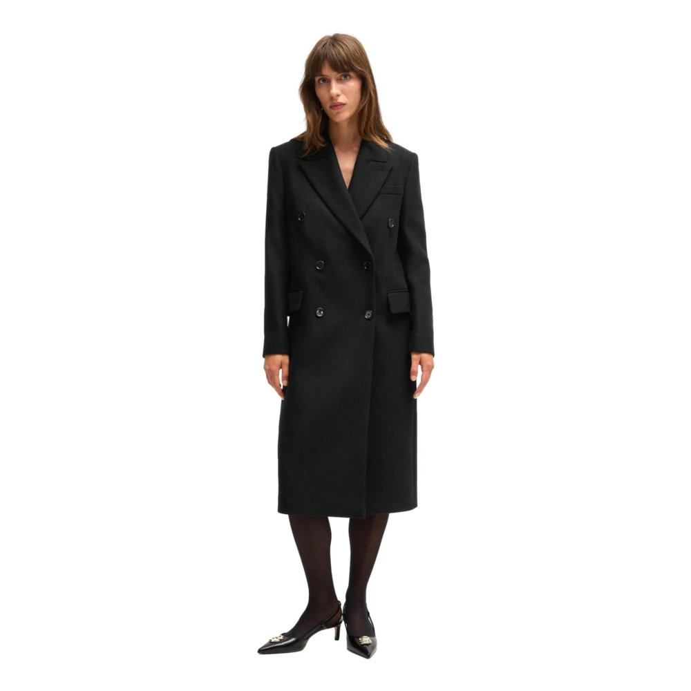 Hugo Boss Formele Lange Wollen Jas in Zwart Black Dames