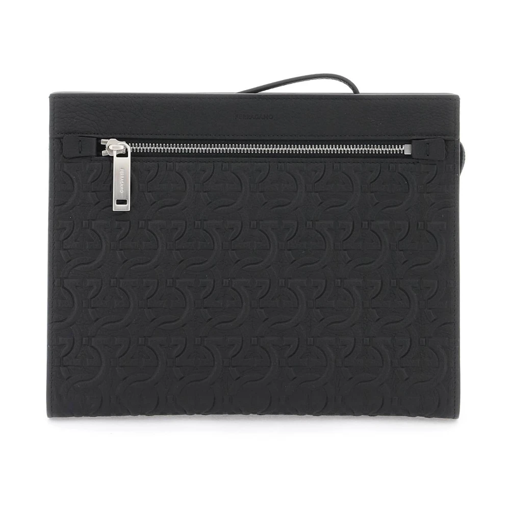 Salvatore Ferragamo Gancini Geprint Leren Pouch Black Heren