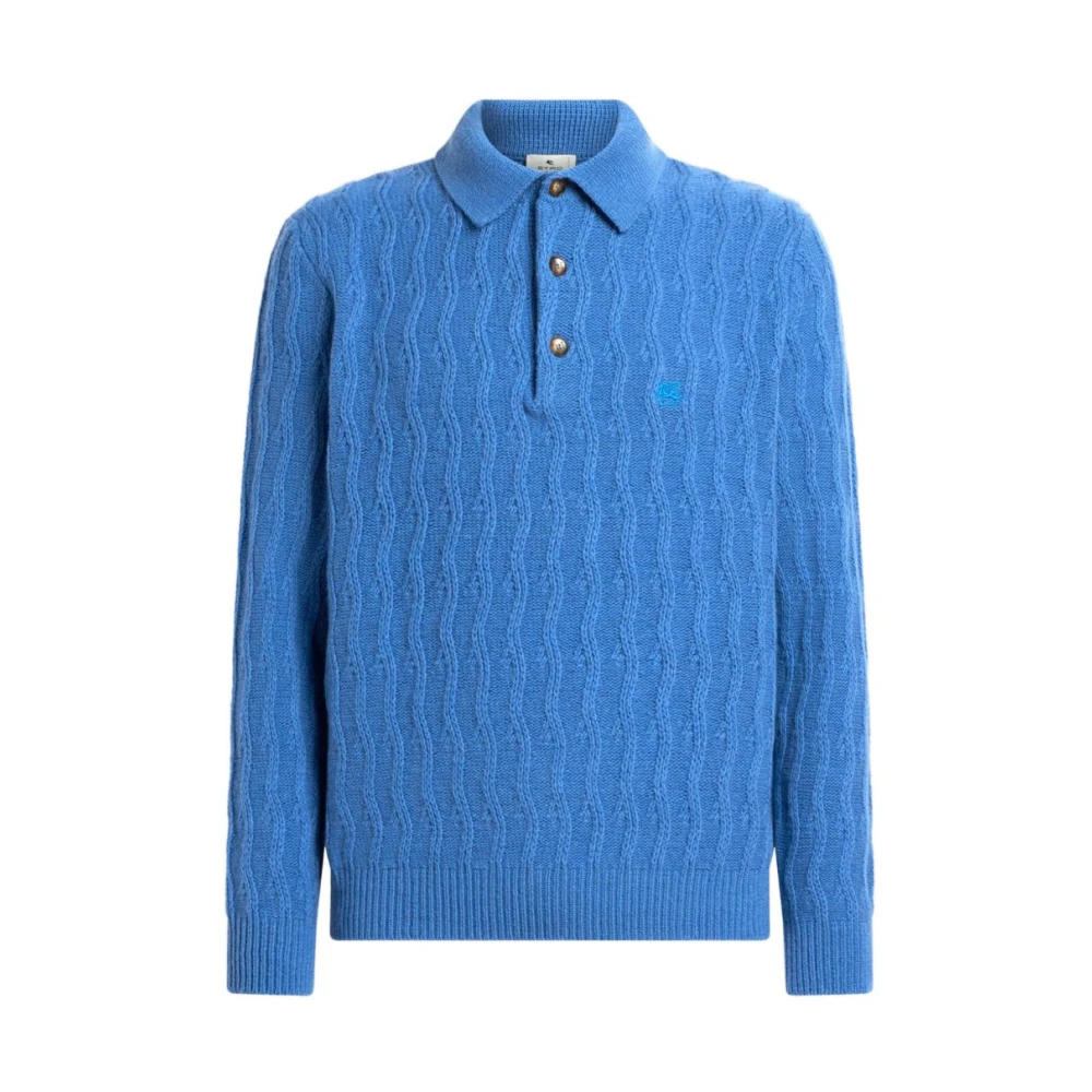 Etro , Polo Shirts, Male, Blue, L, Pointed Collar Cashmere Polo Jumper