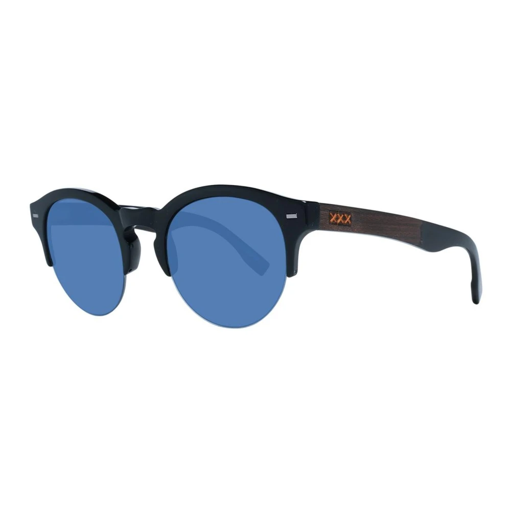 Sorte runde solbriller med blå linser