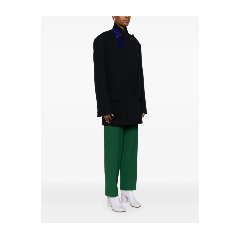 Dries Van Noten Geborduurde Wollen Jas Marineblauw Blue Dames
