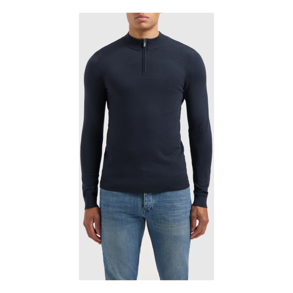Pure Path Essentiële Gebreide Halfzip Trui Navy Blauw Blue Heren
