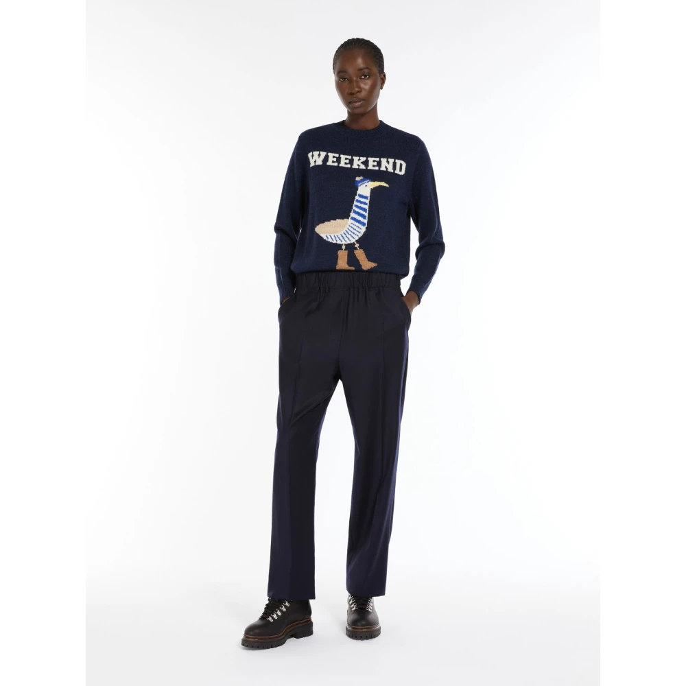 Max Mara Weekend Flanellen Comfortbroek met Elastische Taille Blue Dames