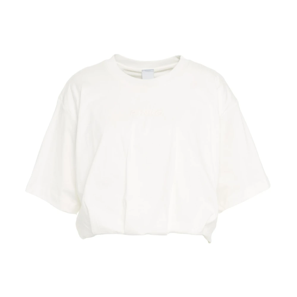 Pinko Women's White T-Shirts, M, Cropped T-Shirt With Embroidered Logo