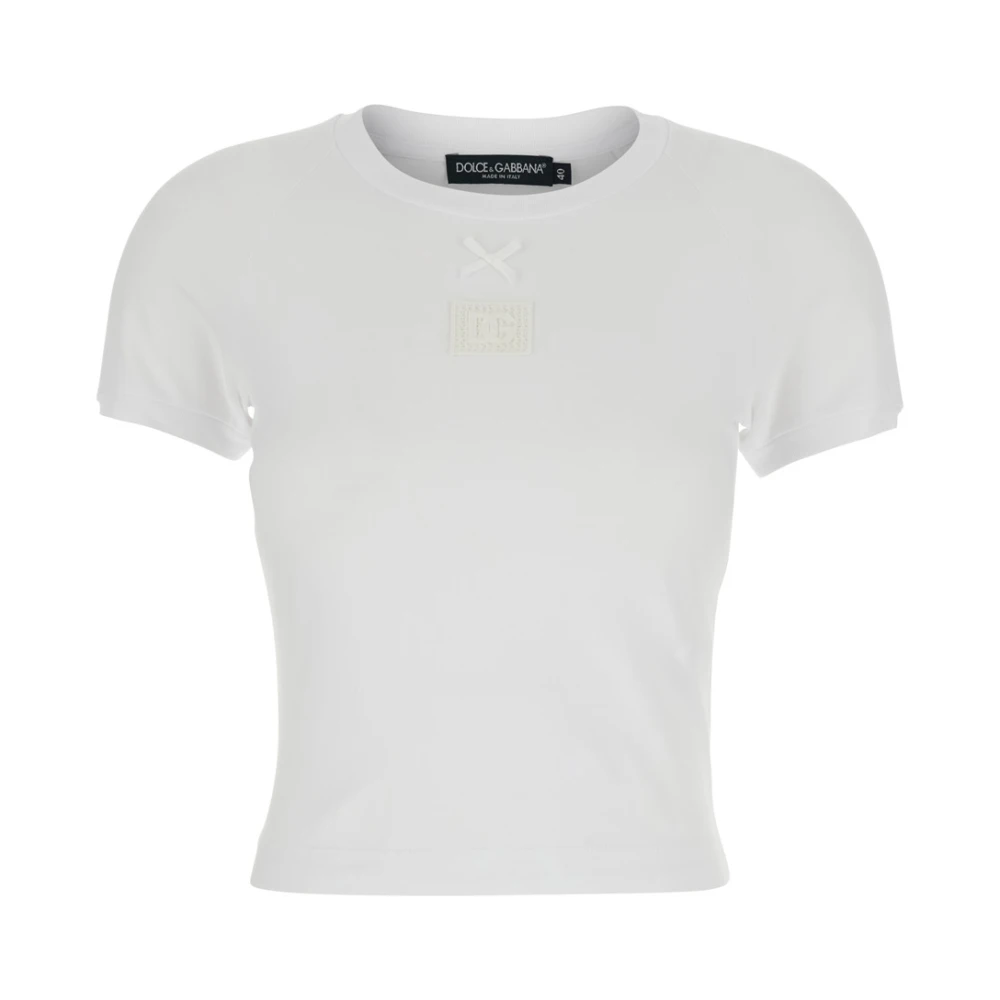 Dolce & Gabbana Femme Blanc Tops, Taille: 38 Fr Logo Crew Neck T-Shirt