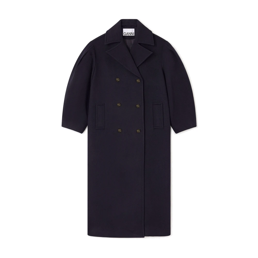 Ganni Women's Blue Peacoat Wool Long Coat