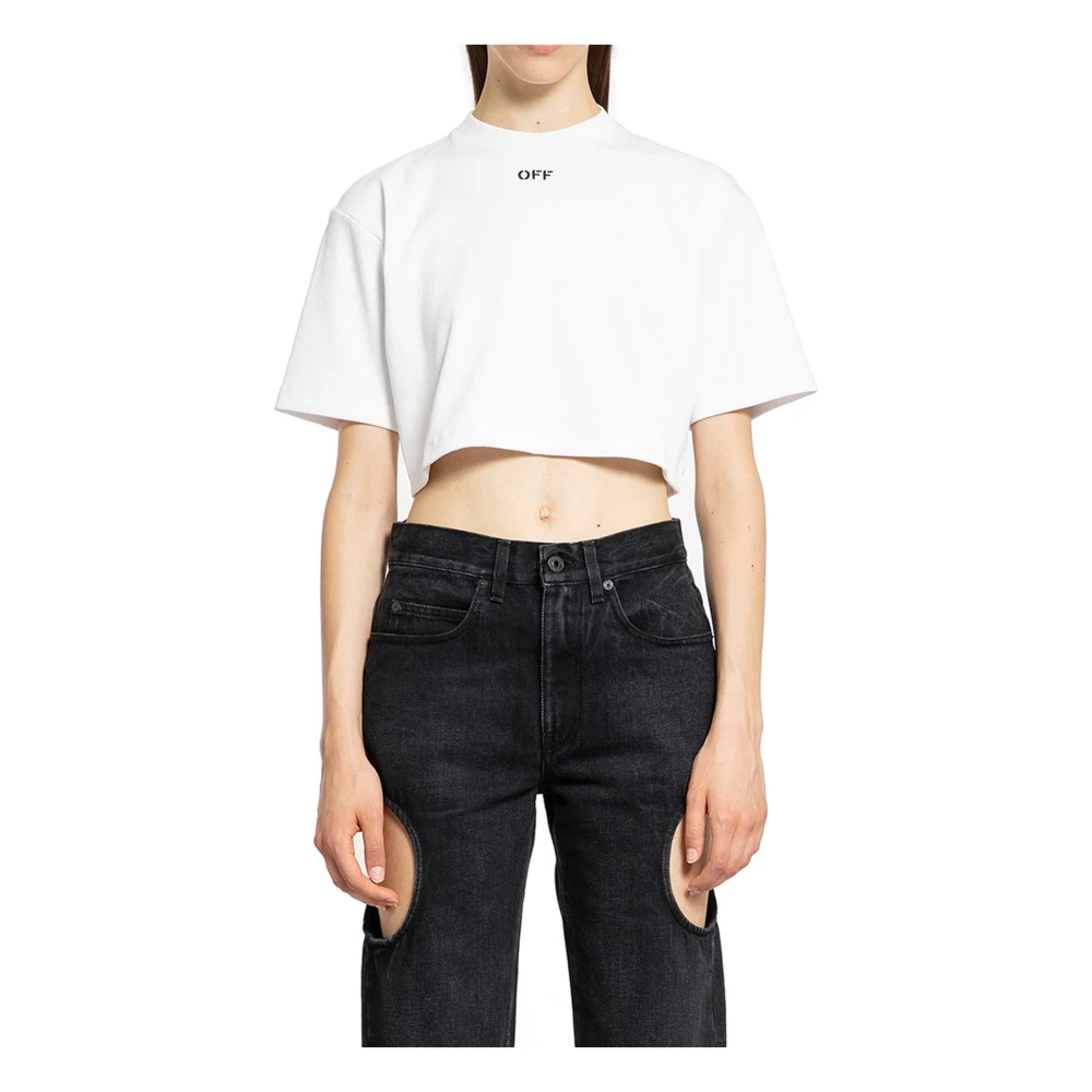 Off White Rib Cropped Tee met Off Stamp White Dames