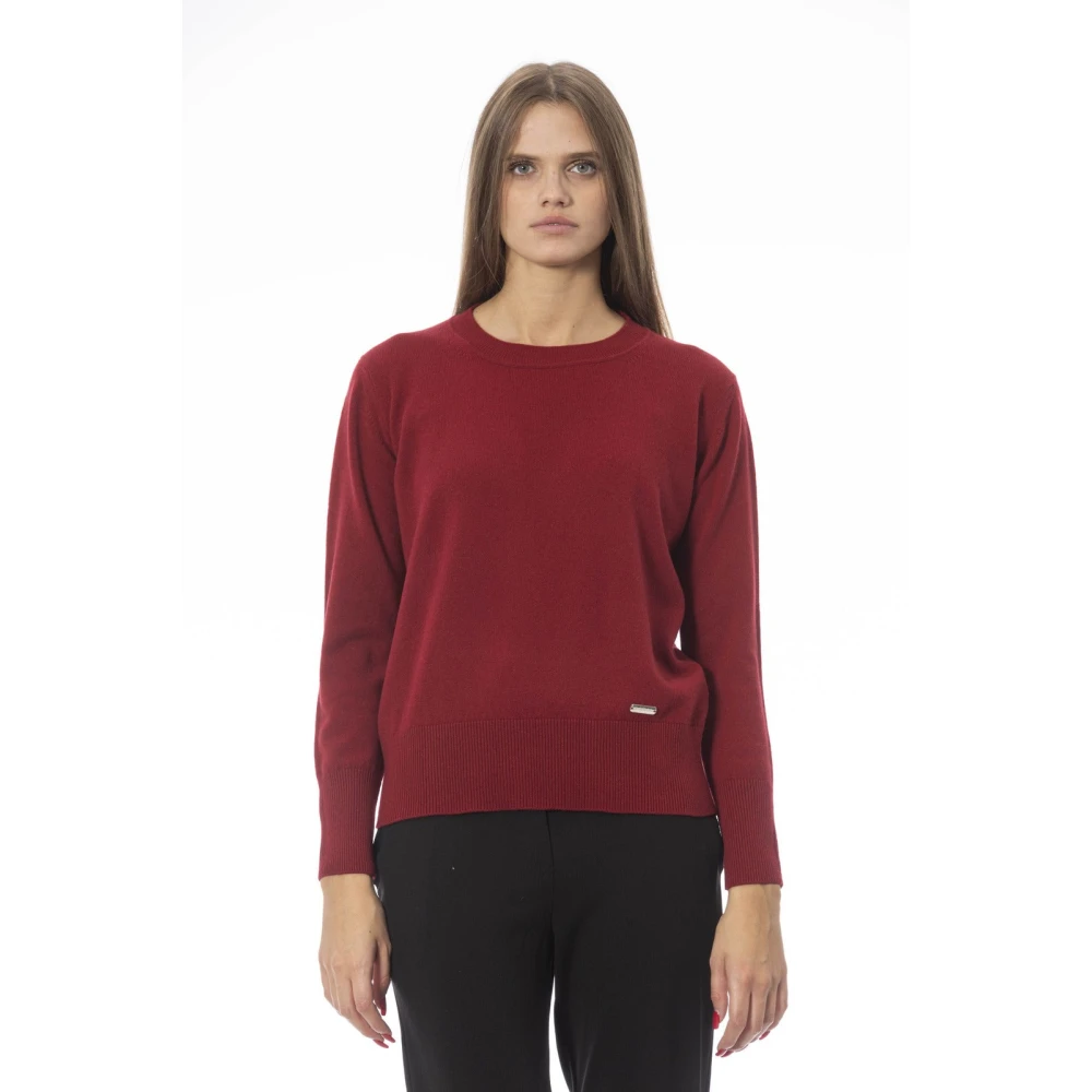 Baldinini Rode wollen trui met ronde hals en ribdetails Red Dames