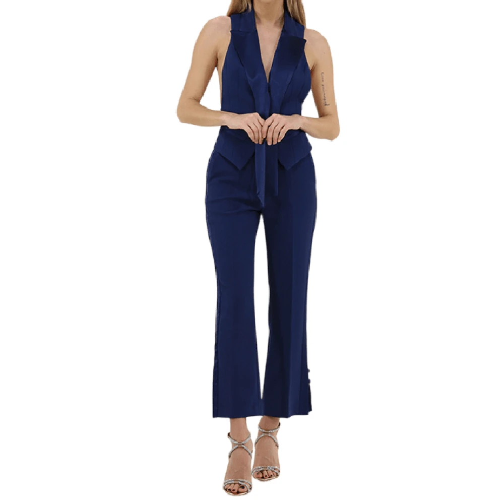Elisabetta Franchi Navy Blue Crepe Smoking Broek Blue Dames
