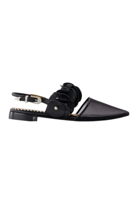 Svart Läder Slingbacks Spetsig Tå