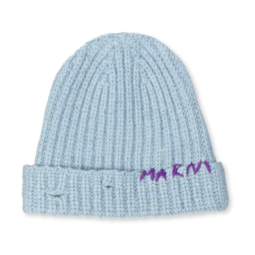 Marni Beanie met Destroyed Look en Branding Borduursel Blue Dames