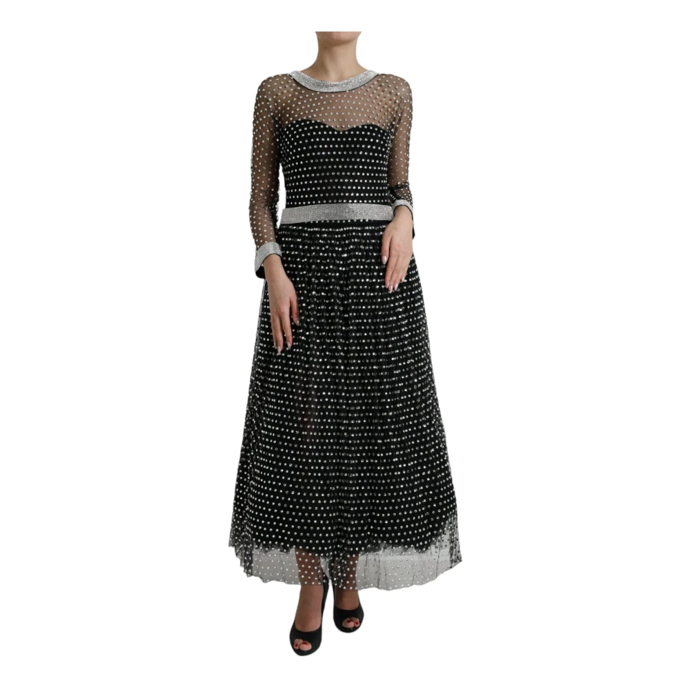 Dolce & Gabbana Elegante Zwarte Kristalversierde Lange Jurk Black Dames