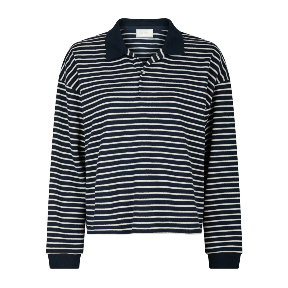 NEO NOIR Gestreepte Polo Blouse Navy Blue Dames
