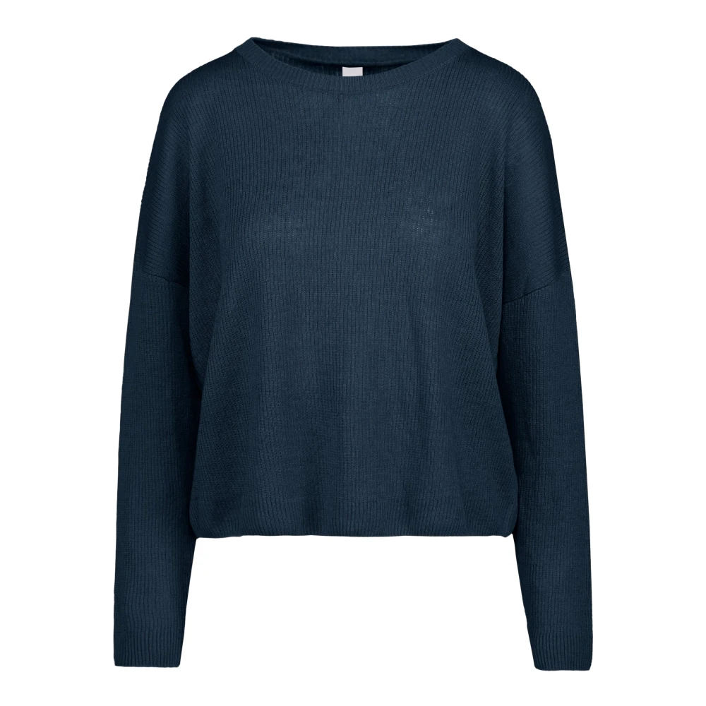 Bomboogie Women's Blue Long-Sleeve Linen Jumper - Round-Neck Knitwear - Xl - Knitwear