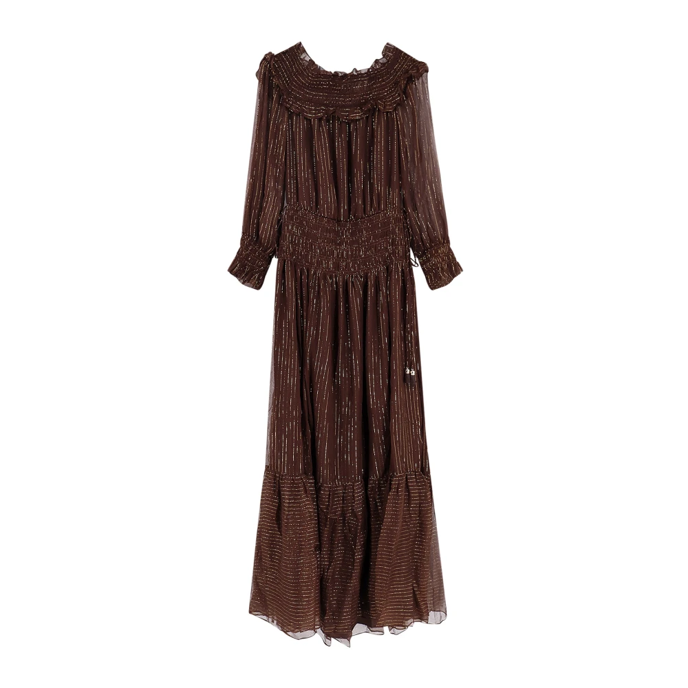Self Portrait Women's Brown Gowns, S, Georgette Long Dress With Lurex Detail
