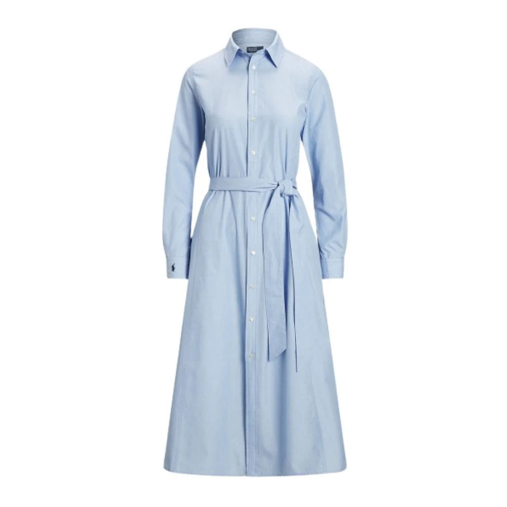 Polo Ralph Lauren Lång Poplin Skjortklänning med Broderad Logotyp Blue, Dam
