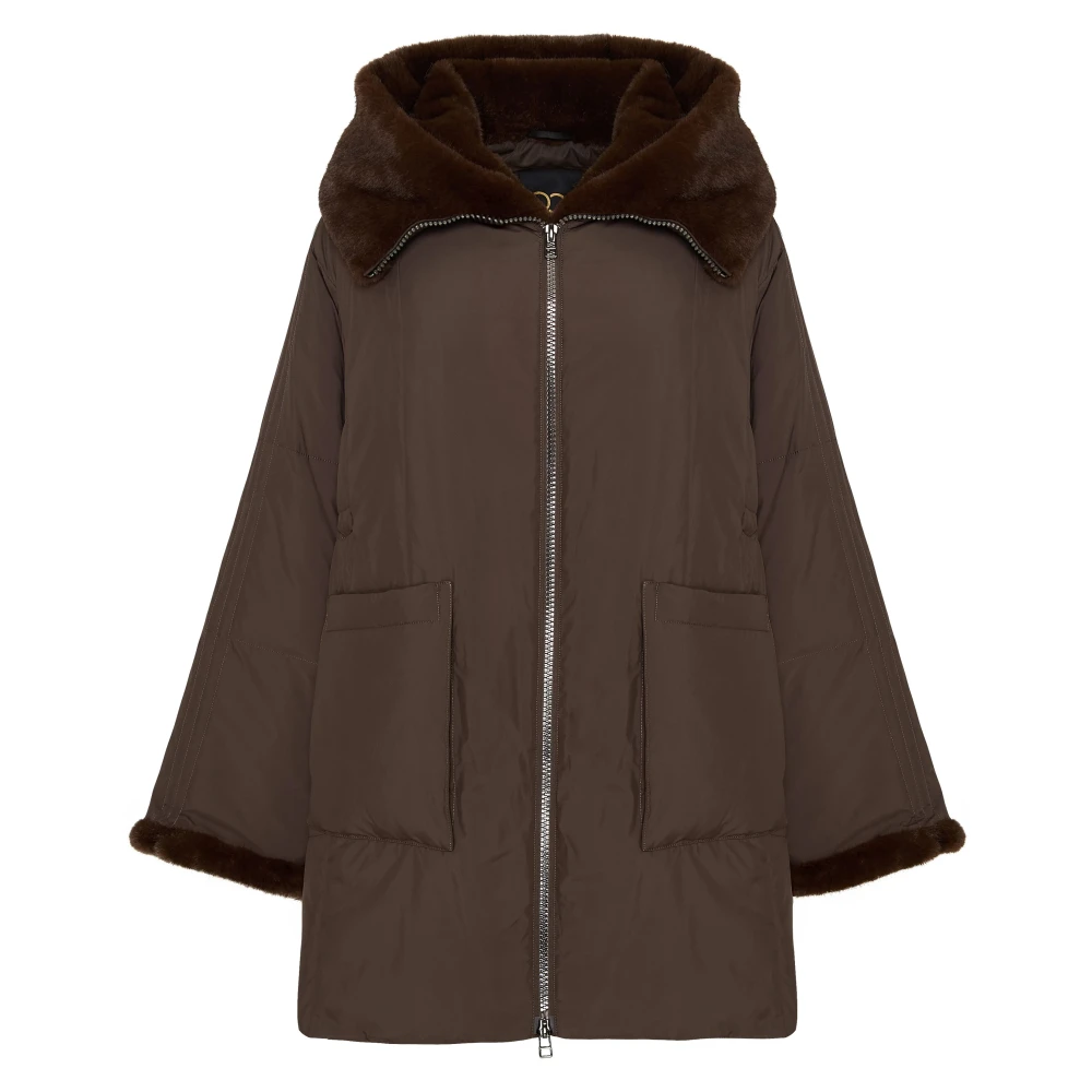 Cesare Gaspari Vrouw Bruin Jassen Dames, L, Polyester, Jas Met Capuchon En Faux Fur Rand