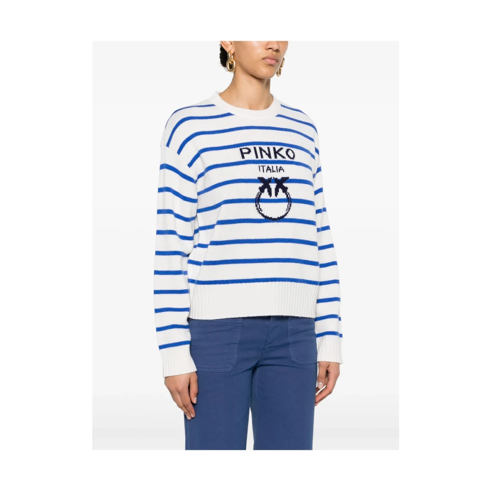 pinko Jacquard Logo Crew Neck Sweater White Dames