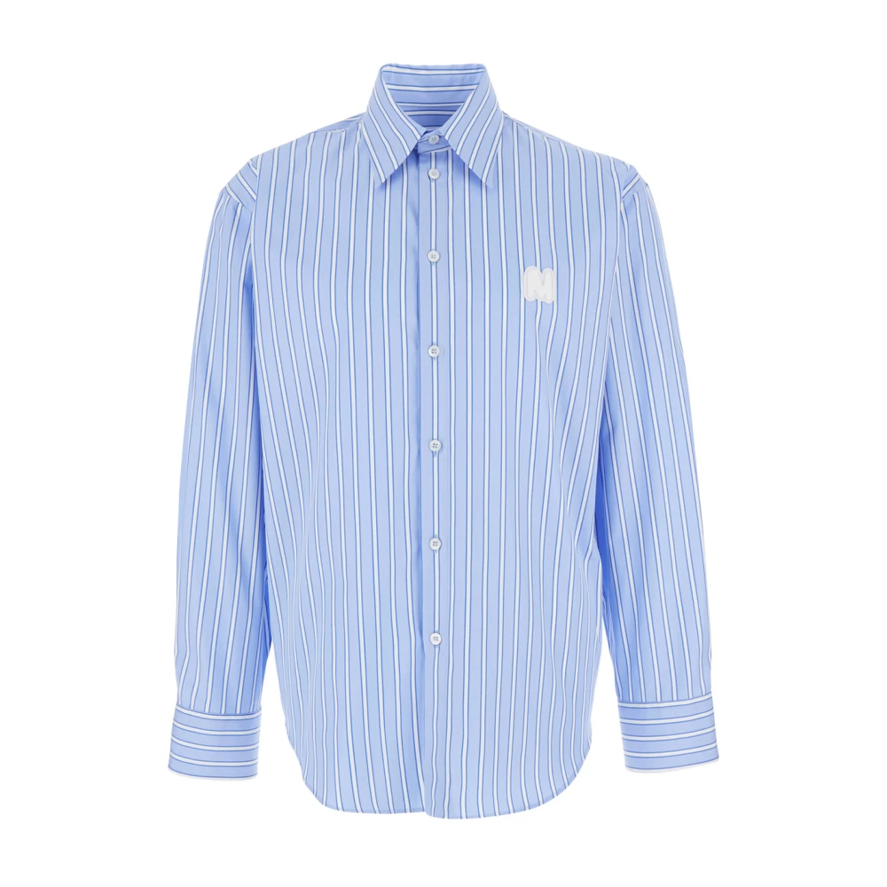 Msgm Blauw Gestreept Logo Katoenen Overhemd Blue Heren