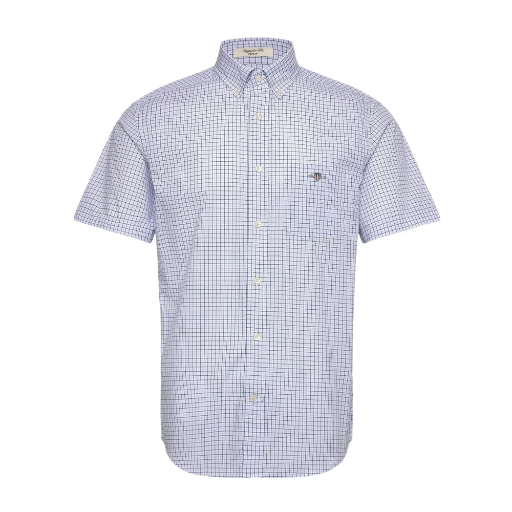 Gant Men's Blue Classic Poplin Check Short Sleeve Shirt - Short Sleeve Shirts - M - Shirts