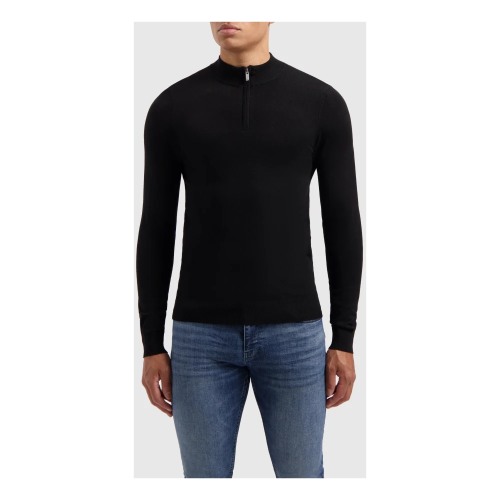 Pure Path Essentiële Gebreide Halfzip Sweater Zwart Black Heren