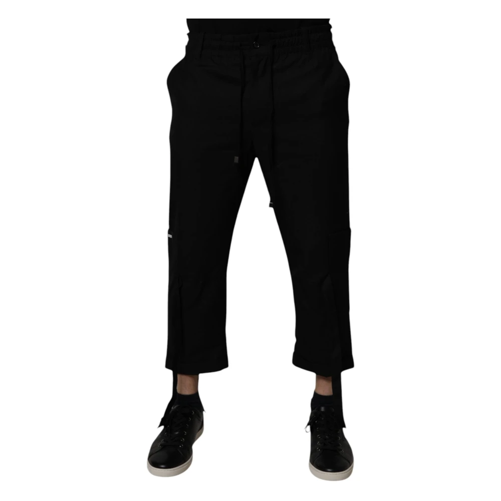 Dolce & Gabbana Men's Black Cropped Trousers With Logo Details - Cropped Trousers - Xs - Trousers