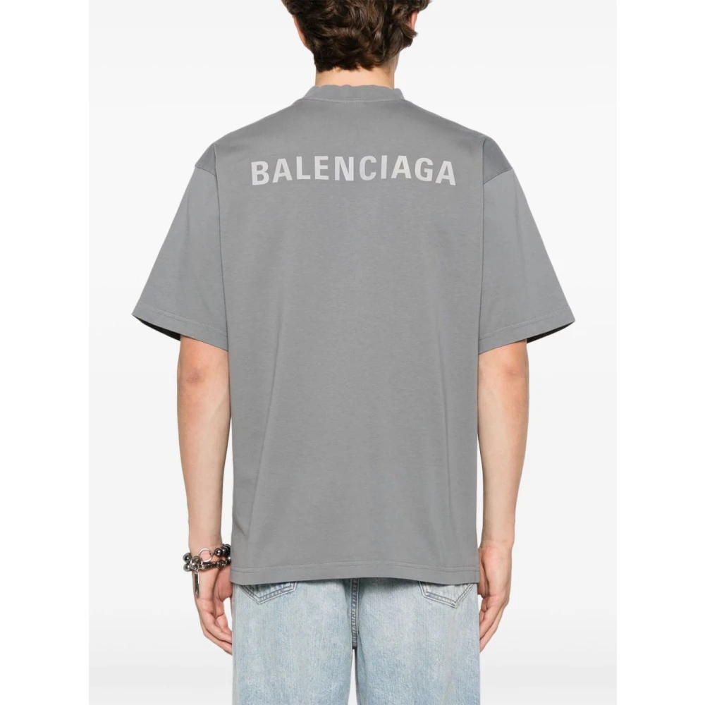 Balenciaga Grijze Logo Print Katoenen T-shirt Gray Heren