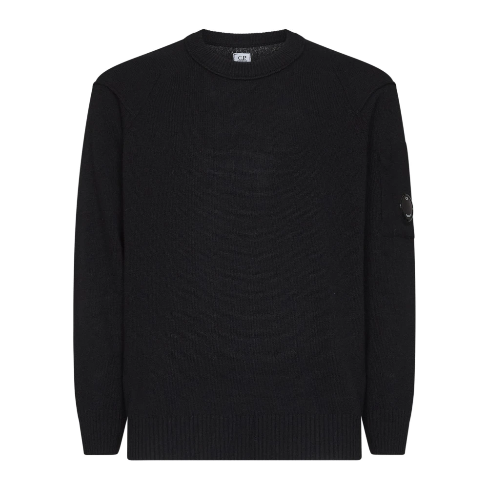 C.p. Company Men's Black Round-Neck Knitwear, M, Lambswool Crewneck Lens Jumper
