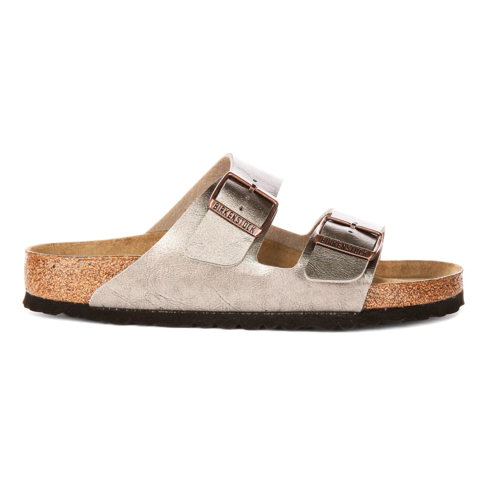 Birkenstock Women's Gray Sliders, 9 Uk, Metallic Leather Sandals For