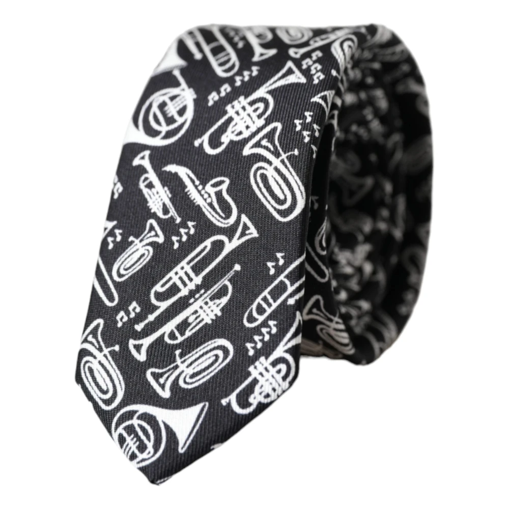 Dolce & Gabbana Zwarte zijden stropdas met trompetprint Black Heren