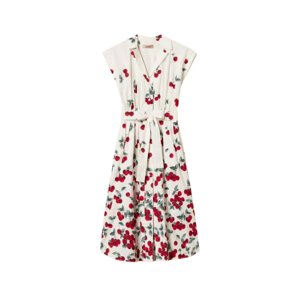 Twinset , Shirt Dresses, Female, Multicolor, Xl, Poplin Midi Dress With Cherry Print
