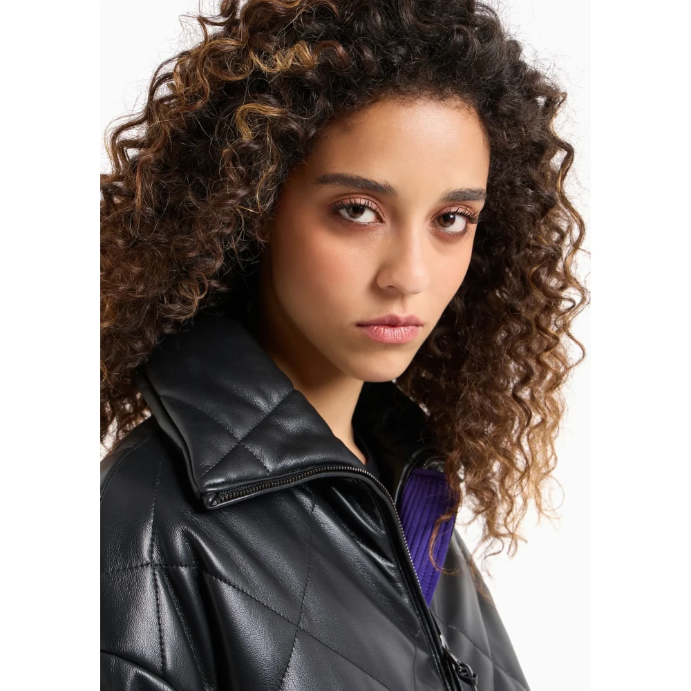 Emporio Armani Nep leren jas met hoge kraag Black Dames