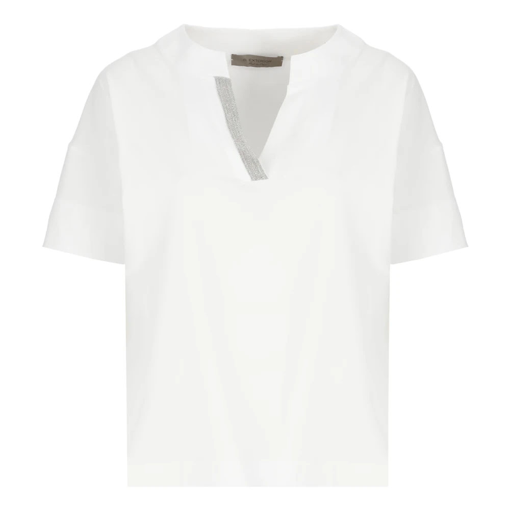 D.exterior Women's White Cotton Polo Shirt With V-Neck - Blouses - L - Blouses & Shirts
