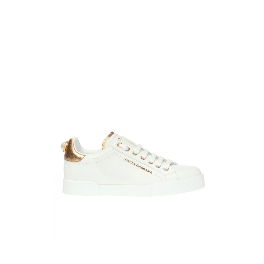 Dolce & Gabbana White Leather Trainers With Gold And White Logo Applications - Female - Sneakers - White - 8 Uk - Shoes