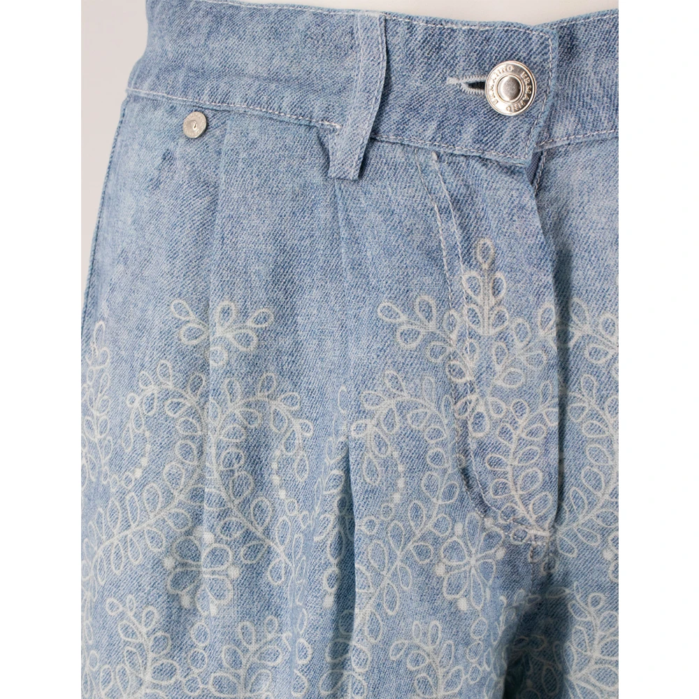 Ermanno Scervino Linnen Denim Patroon Bloemenkant Shorts Blue Dames