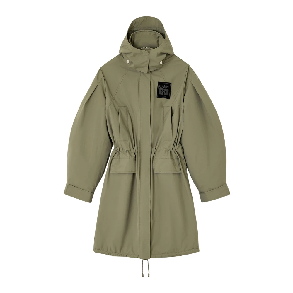Ganni Women's Green Ripstop Parka Coat Outerwear