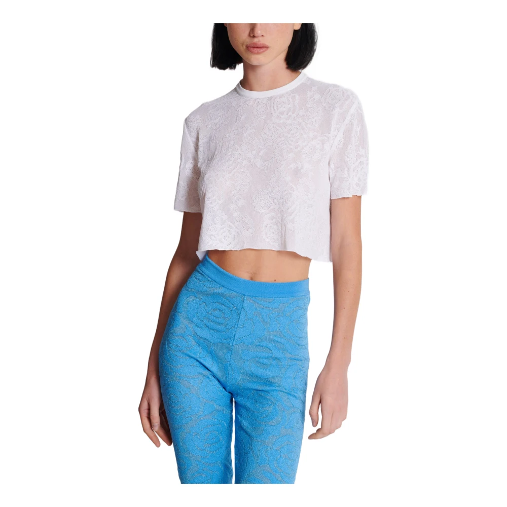 Balmain Korte Kantentop met Bloemenpatroon White Dames