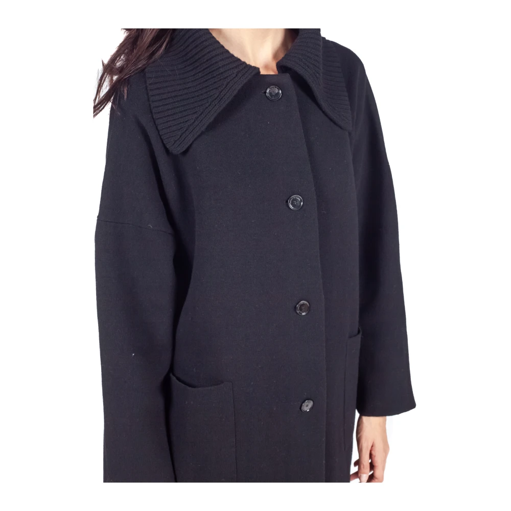 Liviana Conti Zwarte Wollen Blend Ribkraag Jas Black Dames